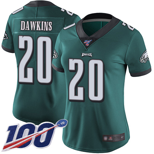 Eagles #20 Brian Dawkins Midnight Green Team Color Women's Stitched 100th Season Vapor Limited Jersey
