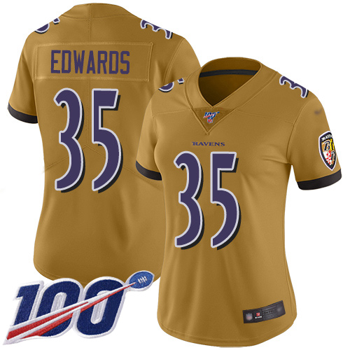 Baltimore Ravens #35 Gus Edwards Gold Women's Stitched Limited Inverted Legend 100th Season Jersey Womens