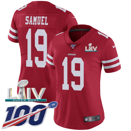 49ers #19 Deebo Samuel Red Super Bowl LIV 2020 Team Color Women's Stitched 100th Season Vapor Limited Jersey