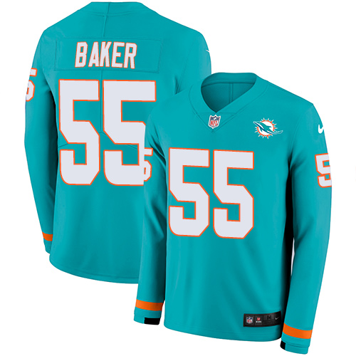 Miami Dolphins #55 Jerome Baker Aqua Green Team Color Men's Stitched Limited Therma Long Sleeve Jersey Men's