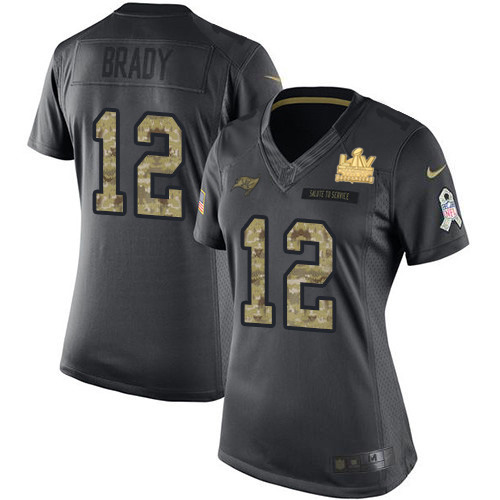 Buccaneers #12 Tom Brady Black Women's Super Bowl LV Champions Patch Stitched Limited 2016 Salute To Service Jersey
