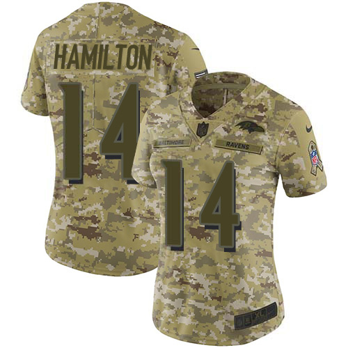 Ravens #14 Kyle Hamilton Camo Women's Stitched Limited 2018 Salute To Service Jersey