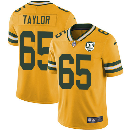 Green Bay Packers #65 Lane Taylor Yellow Men's 100th Season Stitched Limited Rush Jersey Men's