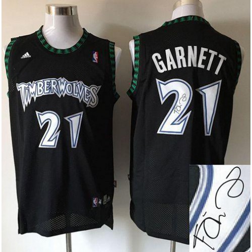 Minnesota Timberwolves #21 Kevin Garnett Black Autographed Stitched Jersey Mens