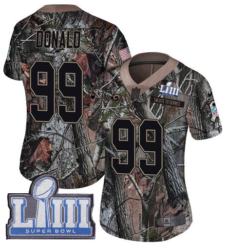 Rams #99 Aaron Donald Camo Super Bowl LIII Bound Women's Stitched Limited Rush Realtree Jersey