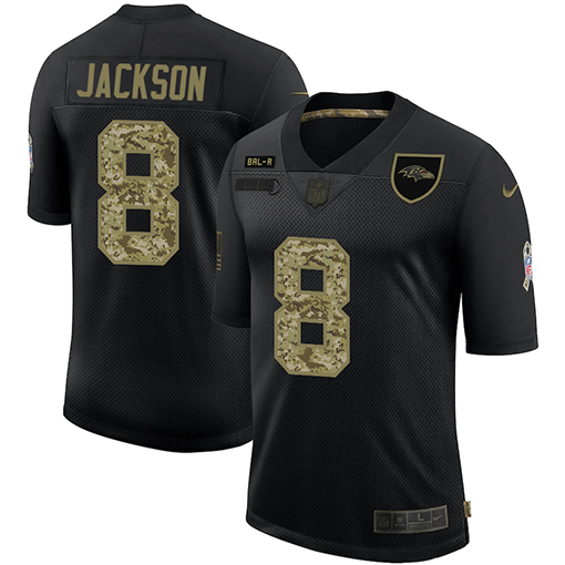 Baltimore Ravens #8 Lamar Jackson Men's 2020 Salute To Service Camo Limited Jersey Black