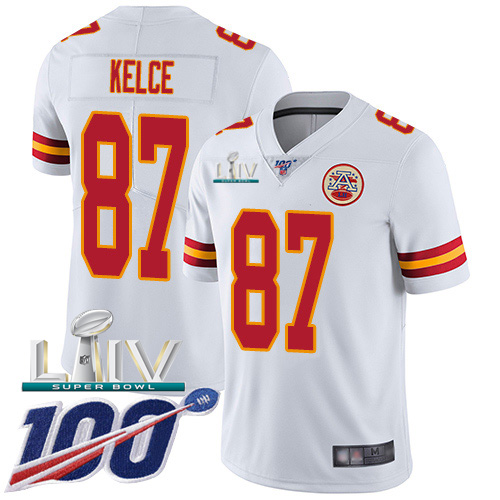 Chiefs #87 Travis Kelce White Super Bowl LIV 2020 Youth Stitched 100th Season Vapor Untouchable Limited Jersey
