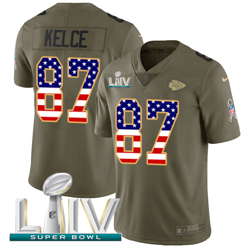 Chiefs #87 Travis Kelce Olive/USA Flag Super Bowl LIV 2020 Men's Stitched Limited 2017 Salute To Service Jersey