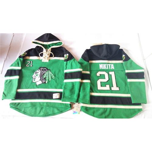 Chicago Blackhawks #21 Stan Mikita Green St. Patrick's Day McNary Lace Hoodie Stitched Jersey Men's