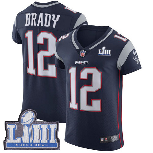 Patriots #12 Tom Brady Navy Blue Team Color Super Bowl LIII Bound Men's Stitched Vapor Untouchable Elite Jersey