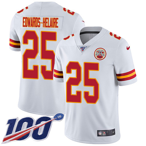 Chiefs #25 Clyde Edwards-Helaire White Youth Stitched 100th Season Vapor Untouchable Limited Jersey
