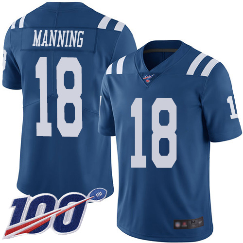 Indianapolis Colts #18 Peyton Manning Royal Blue Men's Stitched Limited Rush 100th Season Jersey Men's