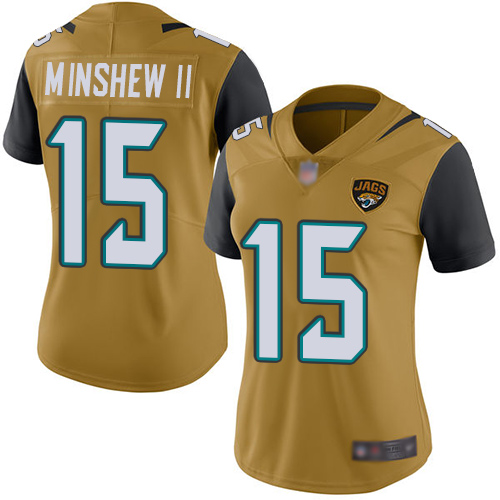 Jacksonville Jaguars #15 Gardner Minshew II Gold Women's Stitched Limited Rush Jersey Womens