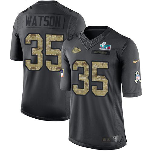 Chiefs #35 Jaylen Watson Black Super Bowl LVII Patch Men's Stitched Limited 2016 Salute To Service Jersey