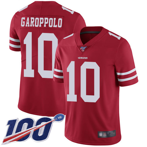 49ers #10 Jimmy Garoppolo Red Team Color Men's Stitched 100th Season Vapor Limited Jersey