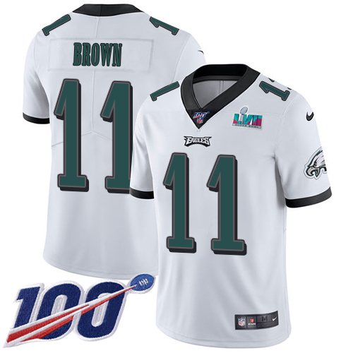 Eagles #11 A.J. Brown White Super Bowl LVII Patch Men's Stitched 100th Season Vapor Untouchable Limited Jersey