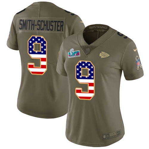 Chiefs #9 JuJu Smith-Schuster Olive/USA Flag Super Bowl LVII Patch Women's Stitched Limited 2017 Salute To Service Jersey