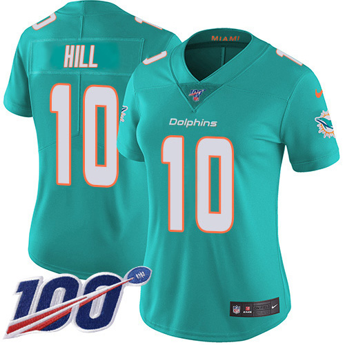 Dolphins #10 Tyreek Hill Aqua Green Team Color Women's Stitched 100th Season Vapor Untouchable Limited Jersey