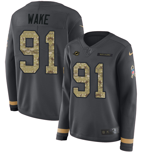 Miami Dolphins #91 Cameron Wake Anthracite Salute to Service Women's Stitched Limited Therma Long Sleeve Jersey Womens