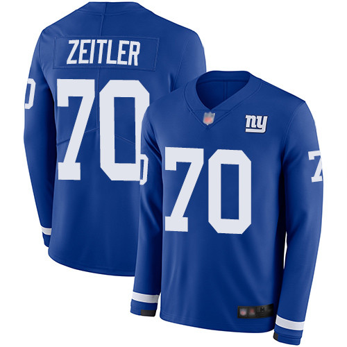 New York Giants #70 Kevin Zeitler Royal Blue Team Color Men's Stitched Limited Therma Long Sleeve Jersey Men's