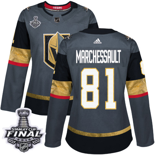 Adidas Golden Vegas Golden Knights #81 Jonathan Marchessault Grey Home Authentic 2018 Stanley Cup Final Women's Stitched Jersey Womens