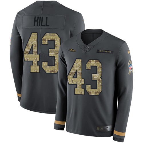 Baltimore Ravens #43 Justice Hill Anthracite Salute to Service Youth Stitched Limited Therma Long Sleeve Jersey Youth