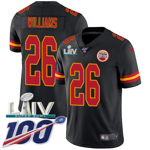Kansas City Chiefs #26 Damien Williams Black Super Bowl LIV 2020 Men's Stitched Limited Rush 100th Season Jersey Men's
