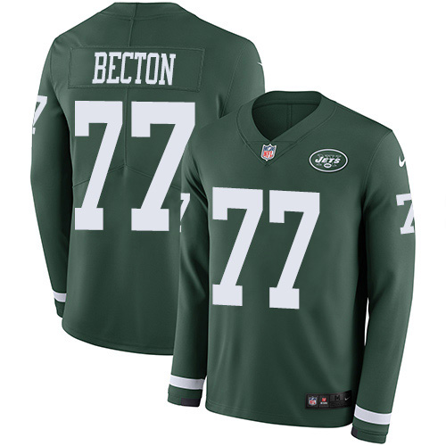 New York Jets #77 Mekhi Becton Green Team Color Men's Stitched Limited Therma Long Sleeve Jersey Men's