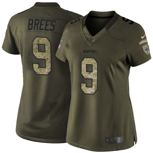 Saints #9 Drew Brees Green Women's Stitched Limited 2015 Salute To Service Jersey