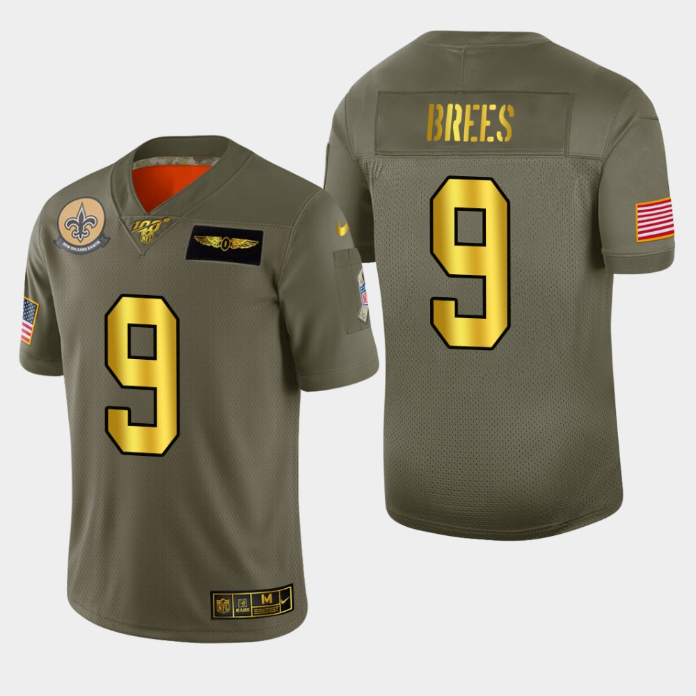 New Orleans Saints #9 Drew Brees Men's Olive Gold 2019 Salute To Service Limited 100 Jersey