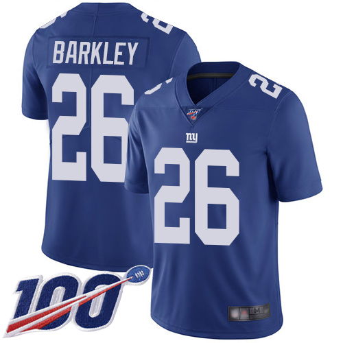 Giants #26 Saquon Barkley Royal Blue Team Color Youth Stitched 100th Season Vapor Limited Jersey
