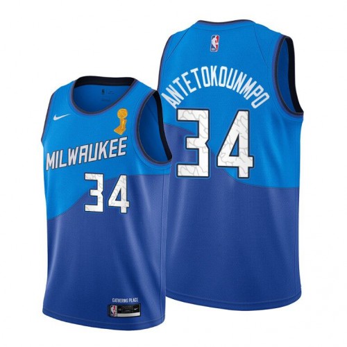 Milwaukee Bucks #34 Giannis Antetokounmpo 2021 Finals Champions City Edition Jersey Blue Mens