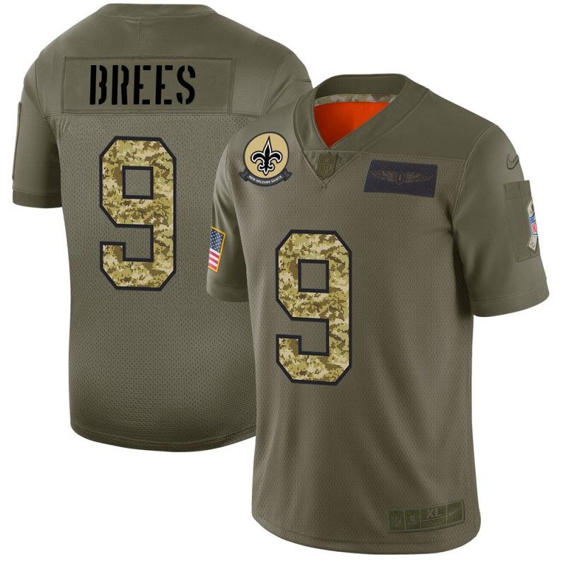 New Orleans Saints #9 Drew Brees Men's 2019 Olive Camo Salute To Service Limited Jersey