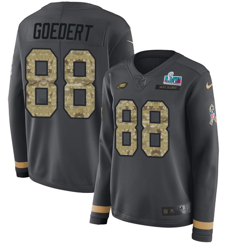 Eagles #88 Dallas Goedert Anthracite Super Bowl LVII Patch Salute To Service Women's Stitched Limited Therma Long Sleeve Jersey