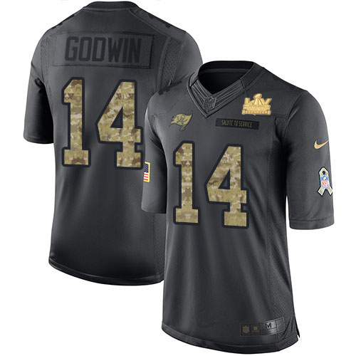 Buccaneers #14 Chris Godwin Black Youth Super Bowl LV Champions Patch Stitched Limited 2016 Salute To Service Jersey