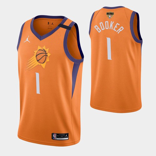 Phoenix Phoenix Suns #1 Devin Booker Mens 2021 Finals Bound Statement Edition Jersey Orange Mens