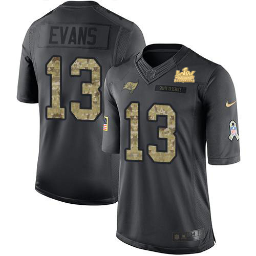 Buccaneers #13 Mike Evans Black Men's Super Bowl LV Champions Patch Limited 2016 Salute To Service Jersey