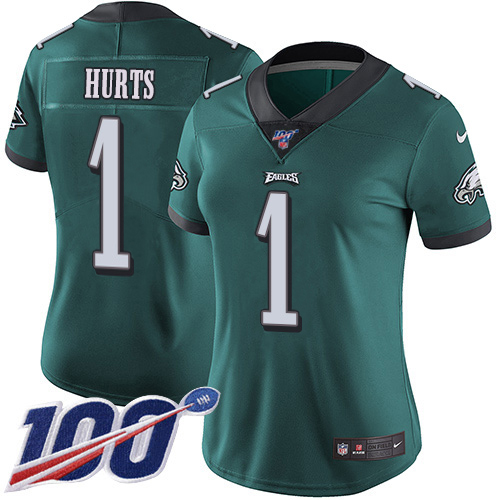 Eagles #1 Jalen Hurts Green Team Color Women's Stitched 100th Season Vapor Untouchable Limited Jersey