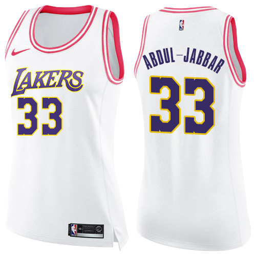 Los Angeles Lakers #33 Kareem Abdul-Jabbar White/Pink Womens Swingman Fashion Jersey Womens