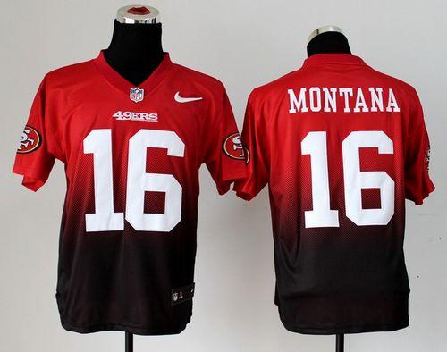 49ers #16 Joe Montana Red/Black Men's Stitched Elite Fadeaway Fashion Jersey