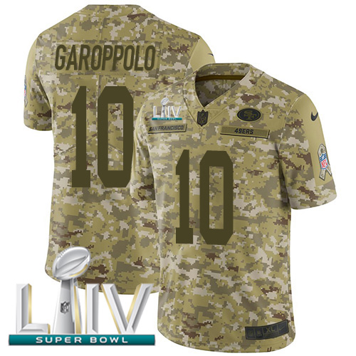 49ers #10 Jimmy Garoppolo Camo Super Bowl LIV 2020 Men's Stitched Limited 2018 Salute To Service Jersey