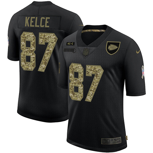 Kansas City Chiefs #87 Travis Kelce Men's 2020 Salute To Service Camo Limited Jersey Black