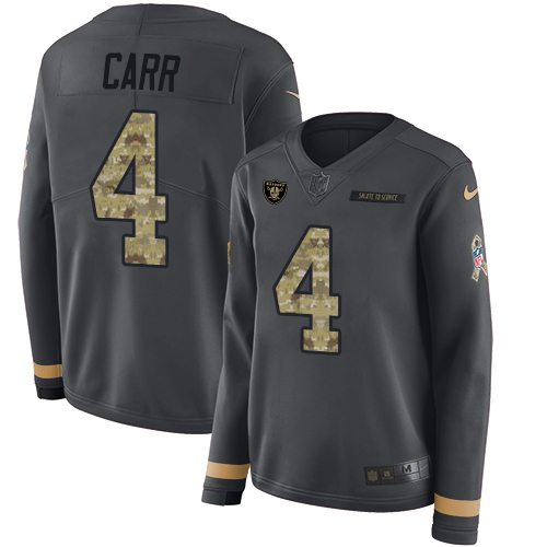 Raiders #4 Derek Carr Anthracite Salute To Service Women's Stitched Limited Therma Long Sleeve Jersey