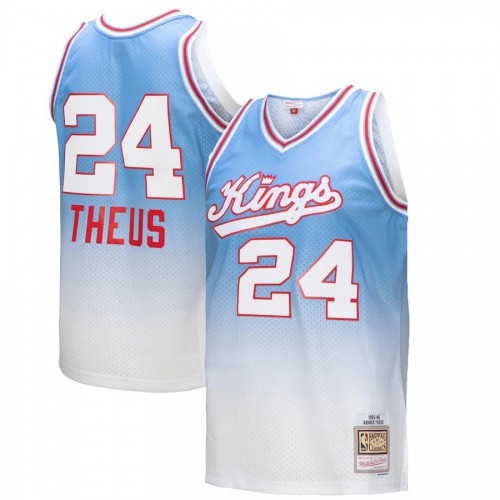 Sacramento Sacramento Kings #24 Reggie Theus Mitchell & Ness Mens White/Light Blue 1985/86 Hardwood Classics Fadeaway Swingman Player Jersey Mens