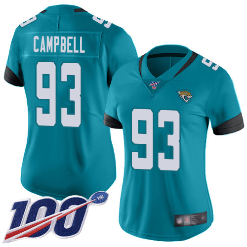 Jacksonville Jaguars #93 Calais Campbell Teal Green Alternate Women's Stitched 100th Season Vapor Limited Jersey Womens