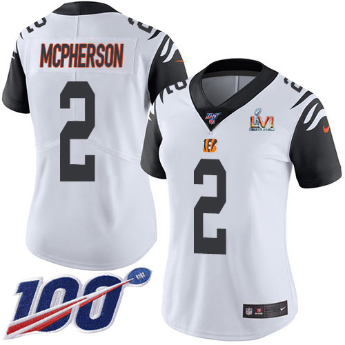 Bengals #2 Evan McPherson White Super Bowl LVI Patch Women's Stitched Limited Rush 100th Season Jersey
