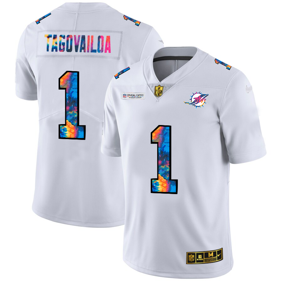 Miami Dolphins #1 Tua Tagovailoa Men's White Multi-Color 2020 Crucial Catch Limited Jersey