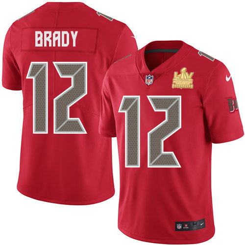 Buccaneers #12 Tom Brady Red Men's Super Bowl LV Champions Patch Stitched Limited Rush Jersey