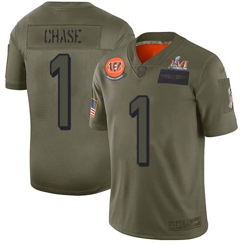 Bengals #1 Ja'Marr Chase Camo Super Bowl LVI Patch Youth Stitched Limited 2019 Salute To Service Jersey