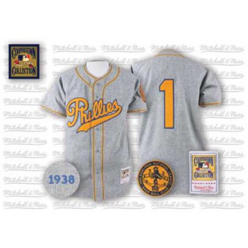 Mitchell And Ness 1938 Philadelphia Phillies #1 Chuck Klein Grey Throwback Stitched Jersey Men's